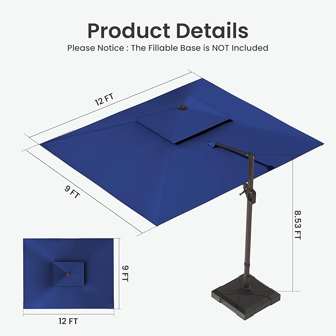 9x12 FT Cantilever Patio Umbrella with Base Included Double Top Outdoor Rectangular Large Heavy Duty Aluminum Offset Umbrellas with 7 Level Tilt 360-degree Rotation for Pool Garden Deck, Navy