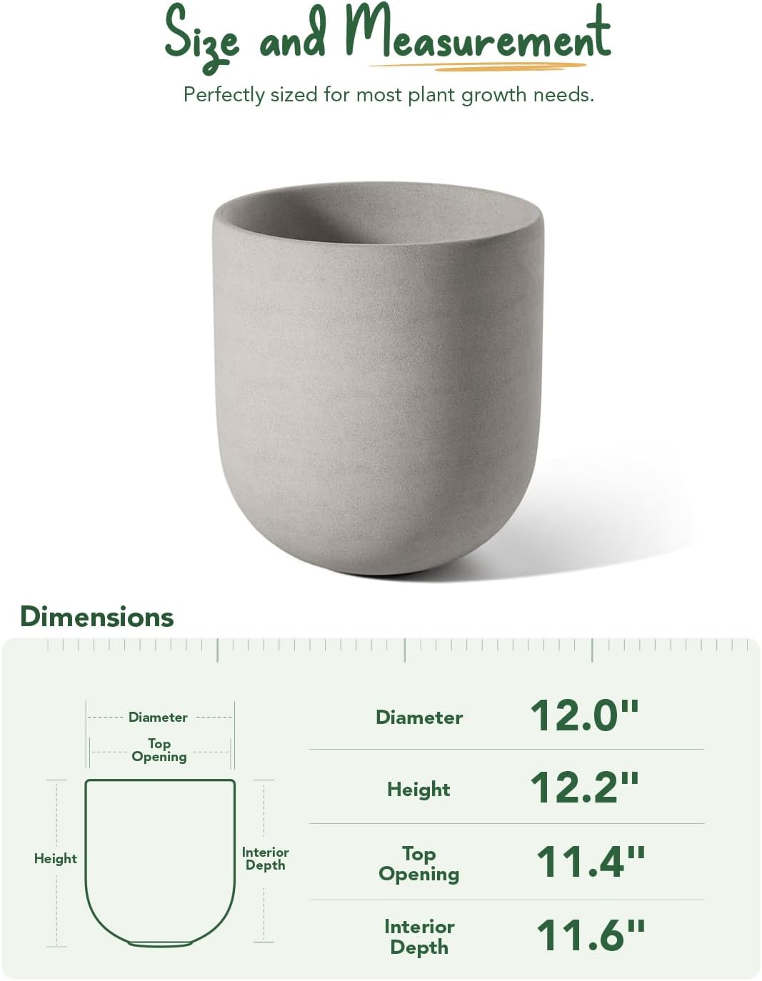 LE TAUCI 12 Inch Pots for Plants, Ceramic Large Planters for Indoor Plants, Indoor Plant Pots for Home Garden Patio Office, Planter Pots with Drainage Hole and Rubber Plug, Neutral Gray