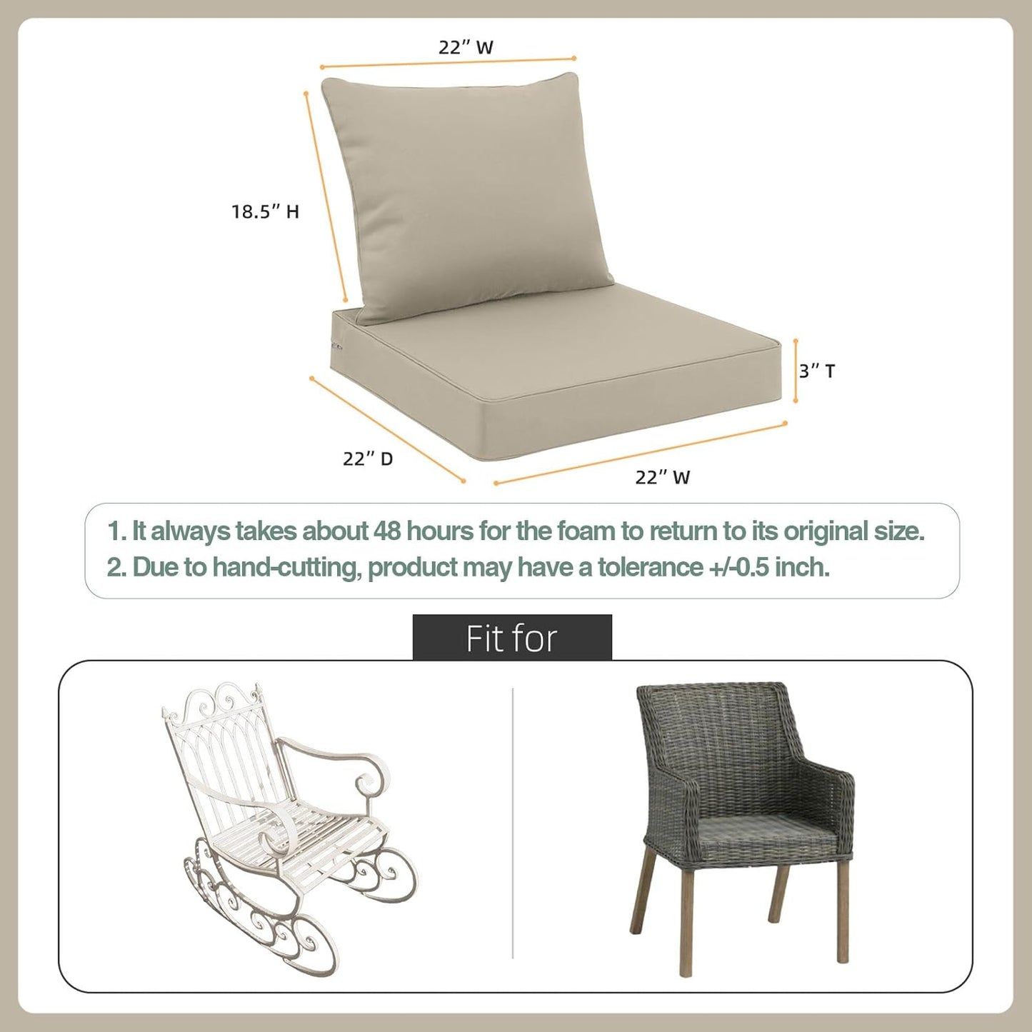 Favoyard Outdoor Seat Cushion Set 22 x 22 Inch Waterproof & Fade Resistant Patio Furniture Cushions with Removable Cover Deep Seat & Back Cushion with Handle and Adjustable Straps for Chair Sofa Couch