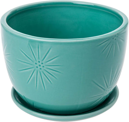 MyGift 7 Inch Round Turquoise Ceramic Plant Pot with Drainage Hole and Attached Saucer, Modern Decorative Embossed Sunburst Planter Container for Indoor Home Garden