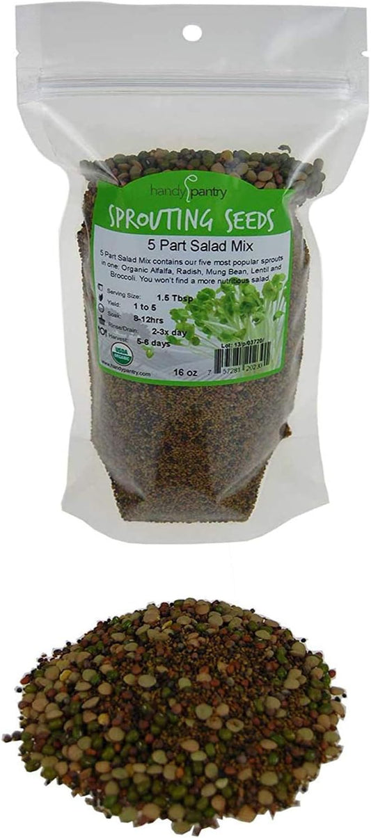 4 Oz - Handy Pantry 5 Part Salad Sprout Mix - Organic Non-GMO Mixed Seeds - Organic Broccoli Sprouting Seeds, Radish Sprout Seeds, Alfalfa Sprout Seeds, Lentil Seeds, and Mung Bean Seeds for Sprouting
