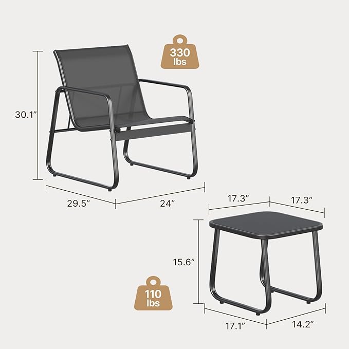 Gizoon Patio Chairs Set of 2, Patio Fumiture Set with Metal Fframe Glass Table, Outdoor Chairs Set of 2 for Balcony Bistro Table and Chair Set for Lawn, Black