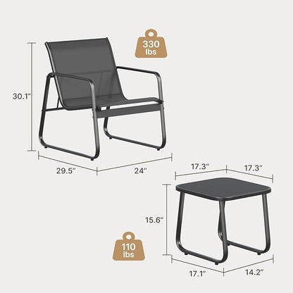 Gizoon Patio Chairs Set of 2, Patio Fumiture Set with Metal Fframe Glass Table, Outdoor Chairs Set of 2 for Balcony Bistro Table and Chair Set for Lawn, Black