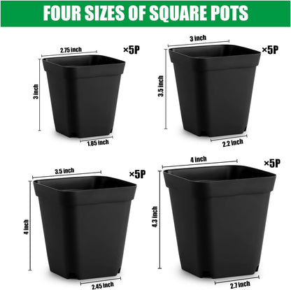 Square Nursery Pots Clearance (2.7", 3", 3.5", 4") with Drainage Holes 20 Pcs, Plastic Seed Starting Pots, Sturdy and Durable Seedling Pots for Planting, Cuttings and Transplanting, Black
