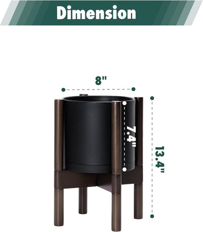 D'vine Dev Planter Pot with Stand - 8 Inch Plastic Cylinder Flower Pot with Wood Planter Holder for Indoor, Matte Black Pot + Walnut Color Stand, 55-C-I-2
