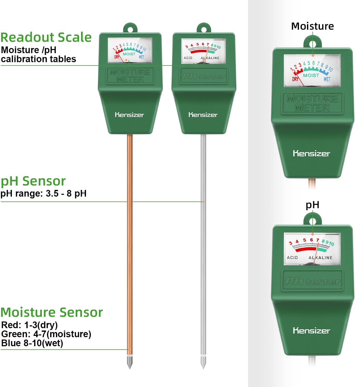 Kensizer Soil Tester, Soil Moisture/pH Meter, Gardening Farm Lawn Test Kit Tool, Digital Plant Probe, Water Hydrometer for Indoor Outdoor, No Battery Required