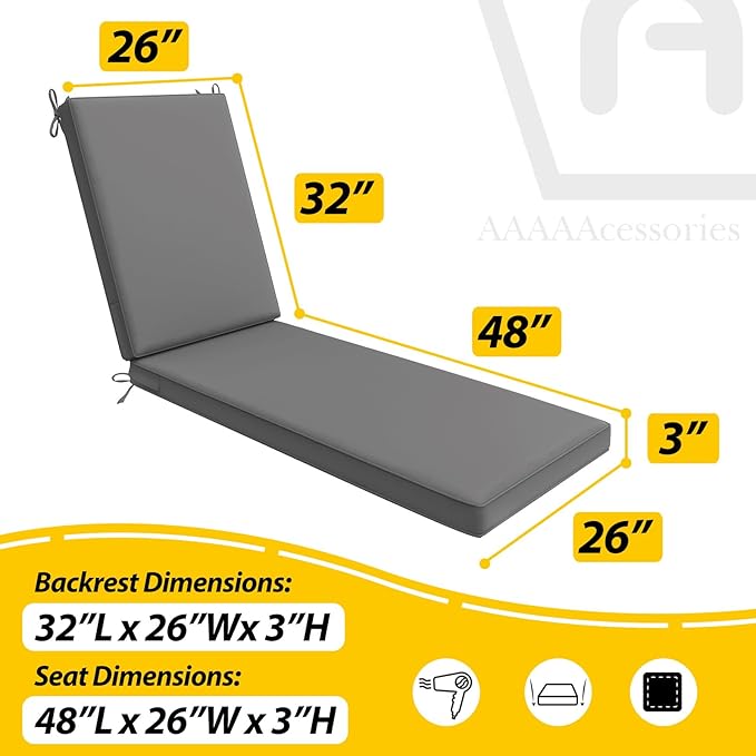 AAAAAcessories Outdoor Chaise Lounge Cushions, Waterproof, Fade-Resistant Patio Furniture Replacement Cushions, 80" x 26" x 3", Dark Gray
