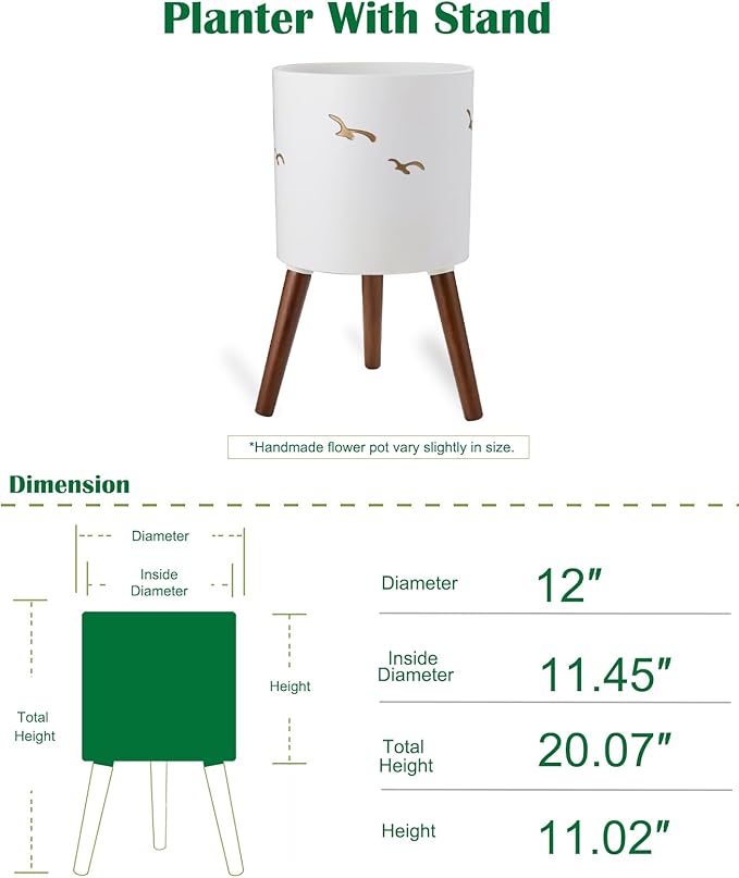 12 Inch Planter,Plant Pot with Stand for Indoor Plants,Large Modern Plant Pots with a Dove Pattern Indoor Outdoor with Drainage for Home Garden Patio,White and Gold