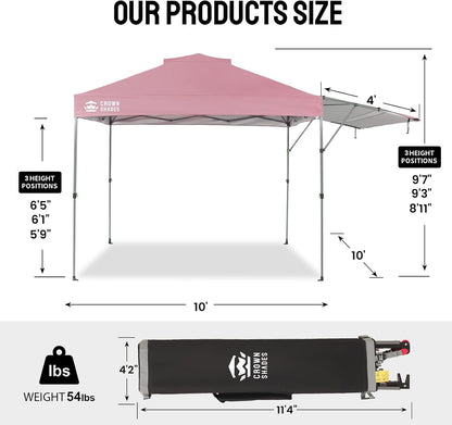 CROWN SHADES 10x10 Pop up Canopy Tent, Instant Commercial Canopy with Extend Awning, Patended Centerlock, 150D Silver Coated Fabric, 4 Ropes, 8 Stakes, 4 Weight Bags, STO 'N Go Bag, Pink