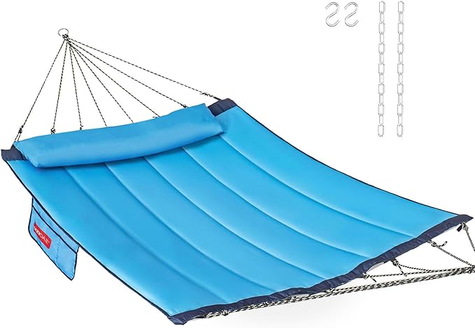 Lazy Daze Hammocks 12 FT Quilted Fabric Hammock with Curved Aluminium Spreader Bar, Outside Double Hammock with Soft Pillow, Side Pocket 450 Lbs Capacity for Patio, Poolside, Lake Blue