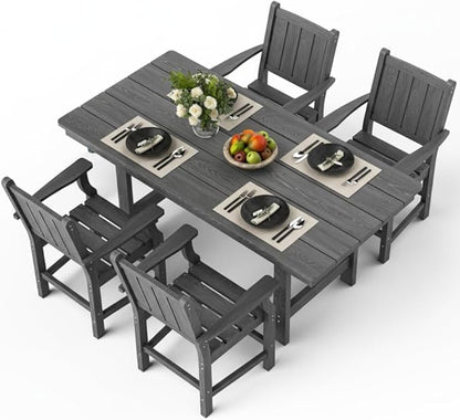 Pamapic 5-Piece Outdoor Dining Set, HDPE Outdoor Rectangular Table and 4 Chairs, Wood Grain Patio Furniture Sets with Armrest, All-Weather Patio Dining Table with Umbrella Hole, Gray