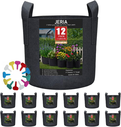 JERIA 12-Pack 2 Gallon, Vegetable/Flower/Plant Grow Bags, Aeration Fabric Pots with Handles (Black), Come with 12 Pcs Plant Labels