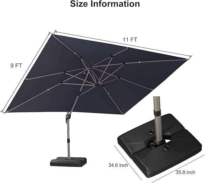 PURPLE LEAF 9' x 11' Patio Umbrella with Base Cantilever Umbrella Rectangular Outdoor Offset Umbrella with Champagne Frame and 360° Rotation for Garden Deck Pool, Black