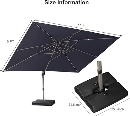 PURPLE LEAF 9' x 11' Patio Umbrella with Base Cantilever Umbrella Rectangular Outdoor Offset Umbrella with Champagne Frame and 360° Rotation for Garden Deck Pool, Black