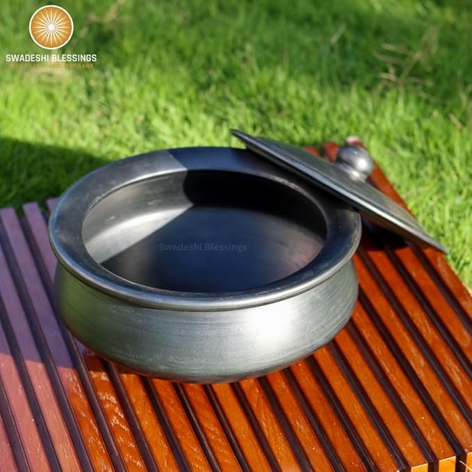 Swadeshi Blessings HandMade Exclusive Range Unglazed Clay Handi/Earthen Kadai/Clay Pot For Cooking & Serving with Lid, 2.8Liters (With Natural White Firing Shade & Mirror Shine) (Black)