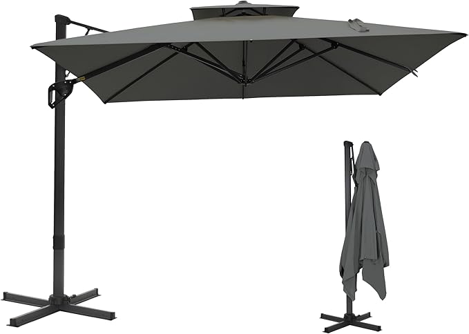 Sophia & William Cantilever Patio Umbrella 12ft, Offset Large Outdoor Umbrellas with 360°Rotation, Heavy Duty Hydraulic Double Umbrella for Garden Pool Backyard, Grey (no base)