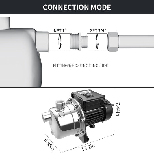 LANCHEZ 1/2 HP Shallow Well Garden Pump, Portable Stainless Steel Water Transfer Draining Irrigation Pump for Lawn Fountain, 960 GPH, 125 Feet Height