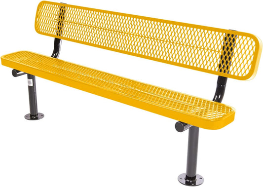 Heavy-Duty Outdoor Bench Thermoplastic Coated, Expanded Metal, Commercial-Grade Seating, Made in America (Surface with Back, 6 Ft, Textured Yellow)