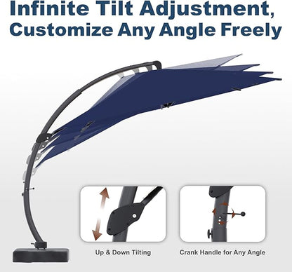 12FT Cantilever Umbrella with Base Large Curvy Outdoor Aluminum Offset Umbrella w/ 360° Rotation, UV Resistant Canopy for Patio, Garden, Backyard, Navy Blue