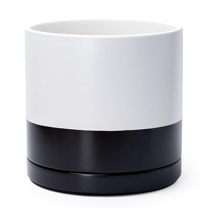 D'vine Dev 12 Inch Ceramic Planter Pot with Drainage Hole and Saucer, Indoor Cylinder Round Planter Pot, Layered Monochrome Black & White, 94-O-F-L