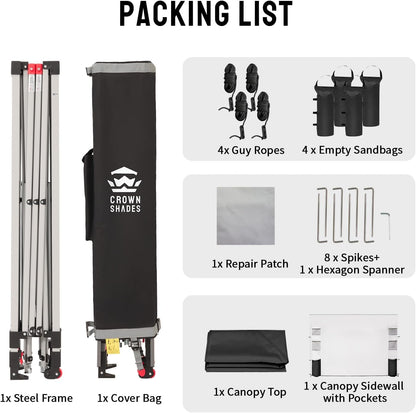 CROWN SHADES Canopy Tent, 10 x 10 Foot Portable Pop Up Outdoor Shelter with Pocket Sidewall, Push Center Lock, UV Protection, and Carry Bag, Black