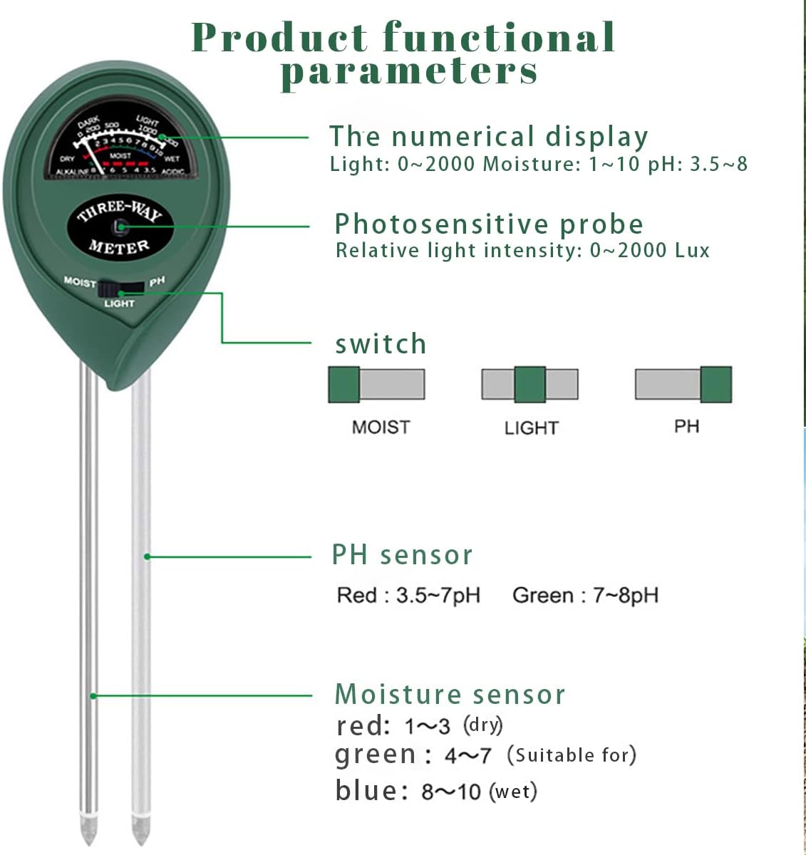 2 Pack Soil Tester, 3-in-1 Plant Moisture Meter Light and PH Tester Garden Lawn Farm, Indoor and Outdoor Use, Soil Test Kit Acidity Water
