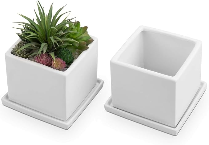 MyGift Modern White Ceramic Small Plant Pot, Decorative Square Flower Succulent Planter, Set of 2