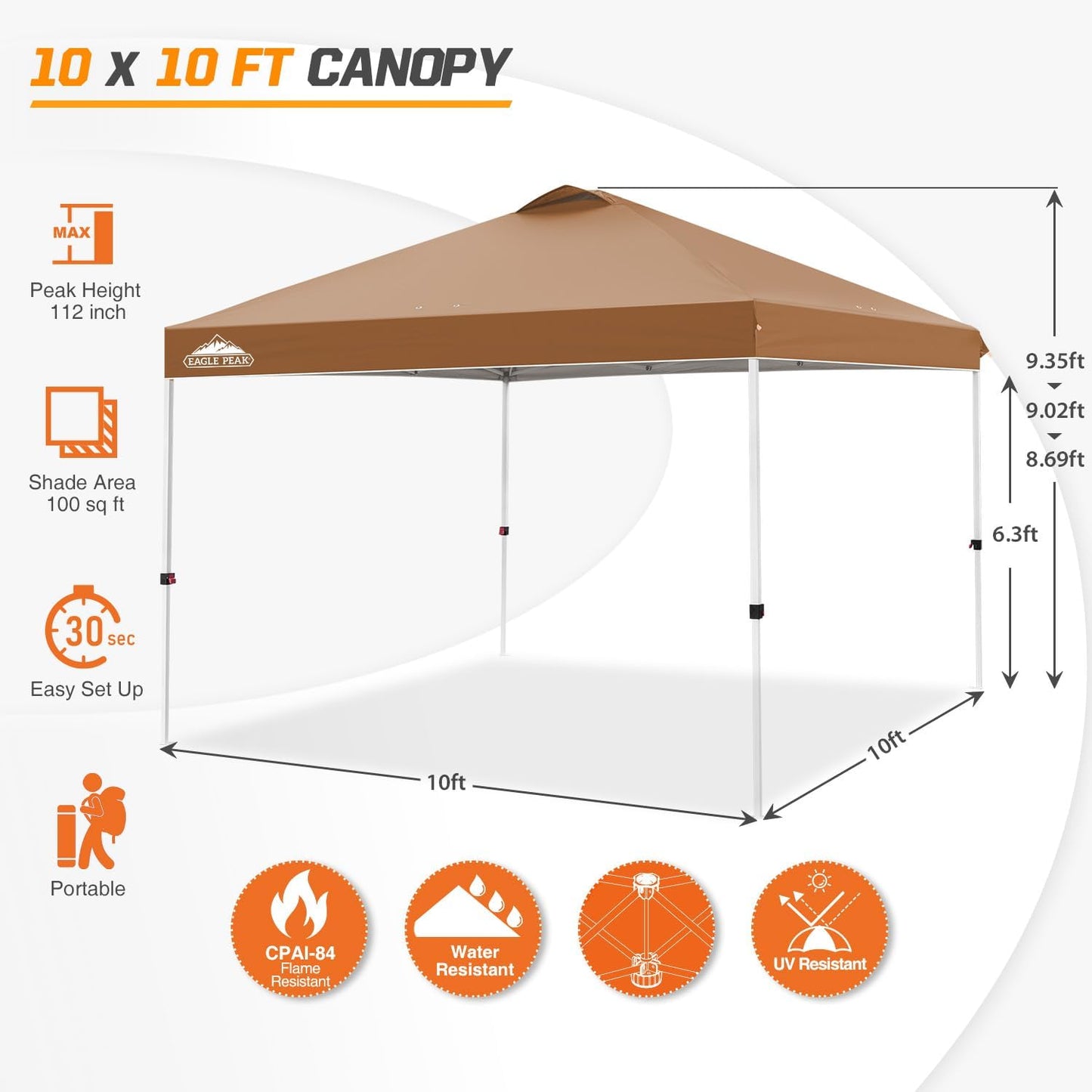 EAGLE PEAK Pop Up Canopy Tent with Wheeled Carry Bag, 8 Stakes, 4 Ropes, 4 Weight Bags, Easy Set Up Tent Canopy, 10x10 ft, 100sqft of Shade, Khaki