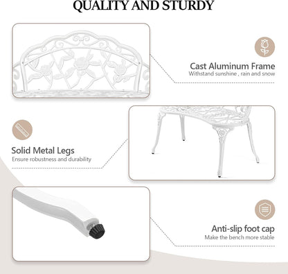 VINGLI 38.5" Patio Park Garden Outdoor Metal Rose Bench,Cast Iron Cast Aluminium Frame Antique Finish Chair,Accented Lawn Front Porch Path Yard Decor Deck Furniture for 2 Person Seat（White