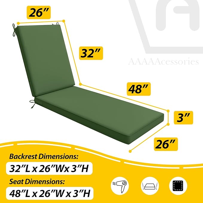 AAAAAcessories Outdoor Chaise Lounge Cushions, Waterproof, Fade-Resistant Patio Furniture Replacement Cushions, 80" x 26" x 3", Set of 2, Dark Moss Green