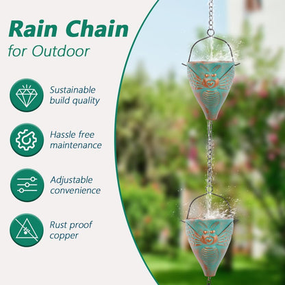 10 FT Rain Chain for Outside, Rain Chain with 10 Bee Pattern Cups Adjustable Rain Catcher Chain for Gutters, Eaves, Drainage, Replacement for Downpout
