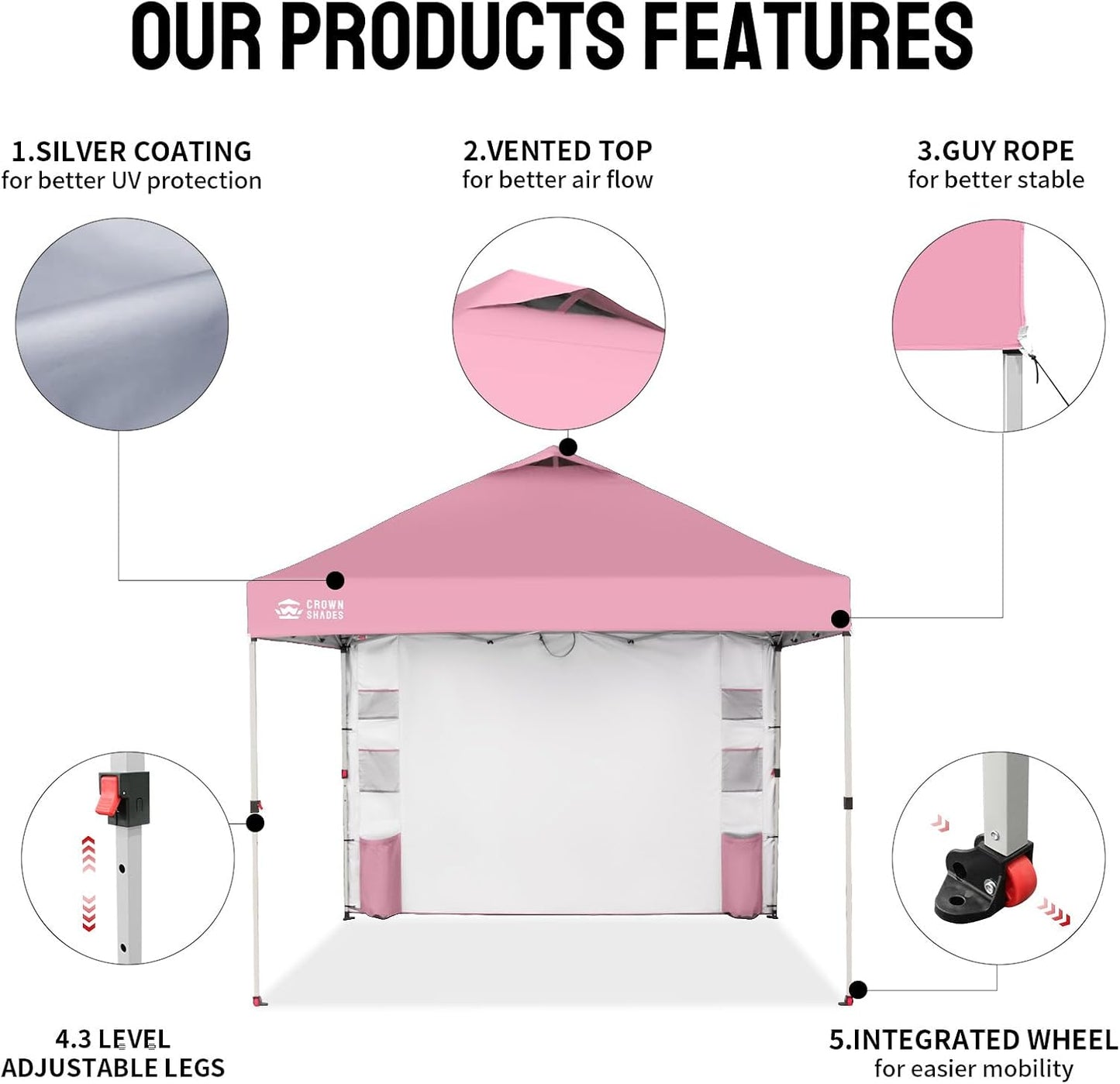 CROWN SHADES Canopy Tent, 10 x 10 Foot Portable Pop Up Outdoor Shelter with Pocket Sidewall, Push Center Lock, UV Protection, and Carry Bag, Pink