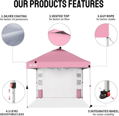 CROWN SHADES Canopy Tent, 10 x 10 Foot Portable Pop Up Outdoor Shelter with Pocket Sidewall, Push Center Lock, UV Protection, and Carry Bag, Pink