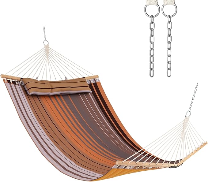 Tangkula 10.5FT Double Hammock, Heavy Duty Outdoor Hammock with Curved Spreader Bars, Detachable Pillow, 2 Person Hammocks for Outside, Porch, Patio (Stand is not Included) (Coffee)
