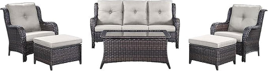 Rilyson Outdoor Patio Wicker Furniture Set - 6 Piece Rattan Patio Conversation Sectional Sofa Set with 1 Couch,2 Armchairs,2 Ottomans and 1 Glass Top Coffee Table for Porch Deck Garden(Brown/Beige)
