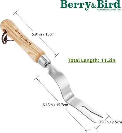 Berry&Bird Hand Weeder Tool, Stainless Steel Gardening Weed Puller, 12.1" Manual Weeding Removal Cutter Tool with Ash Wood Handle for Planting, Weeding, Flower & Vegetable Care in Garden Lawn Yard