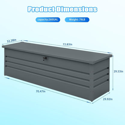 260 Gallon Metal Outdoor Storage Box Waterproof, Extra Large Deck Box and Patio Cushion Box for Storing Gardening Tools, Pool Supplies
