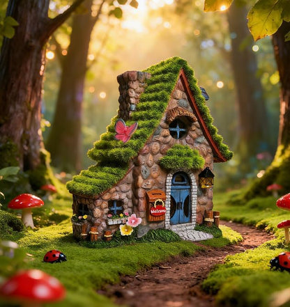 ASAWASA Resin Fairy House Statues with Solar Powered Lights, Funny Garden Sculptures with Flocked and Cobblestone Decor, Exquisite Garden Cottage Figurines