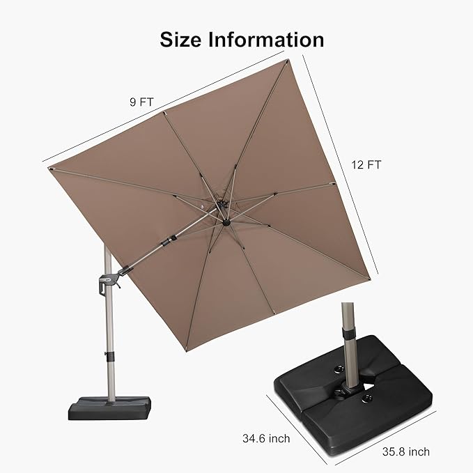PURPLE LEAF 9' X 12' Left-right Tilting Patio Umbrella with Base Outdoor Swivel Cantilever Offset Aluminum Umbrella with Champagne Frame and 360-degree Rotation for Garden Deck Pool, Taupe