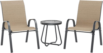 UDPATIO Patio Dining Set of 3, Outdoor Table and Chairs Set with Glass Table, 2 Stackable Patio Chairs with High Back, Outdoor Furniture Sets for Deck Garden Backyard Lawn Poolside (Brown)