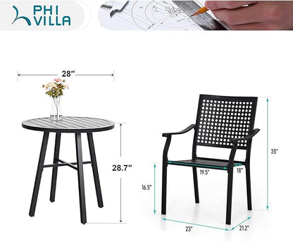 PHI VILLA 3 Piece Outdoor Patio Bistro Dining Set, Slatted Metal Round Table & 2 Stacking Iron Chairs, Outdoor Furniture Set for Porch, Deck, Balcony