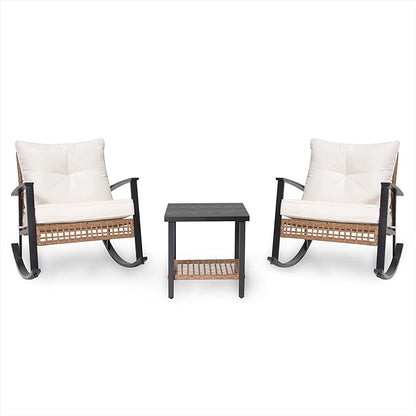LAUSAINT HOME 3-Piece Rocking Bistro Set, Outdoor Patio Furniture with Thick Cushions and 2-Tier Coffee Table, Oversize Rattan Conversation Set for Garden, Balcony, Backyard (Beige)