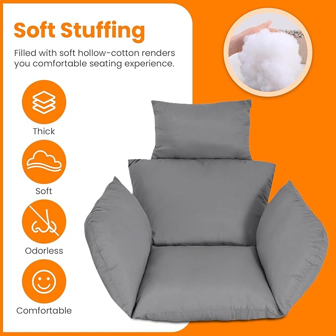 Egg Chair Cushion, Hanging Basket Hammock Seat Cushion, Thick Soft Egg Swing Chair Pad with Headrest for Patio Porch Furniture Outdoor (Grey, 39.37x45.28x4.72in)