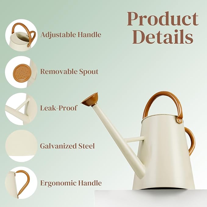 Metal Watering Can with Removable Spout, 1.5 Gallon Large Watering Cans for Plants, Galvanized Steel Gardening Water Can for Indoor & Outdoor Use, Watering Pot with Ergonomic Movable Handle(White)