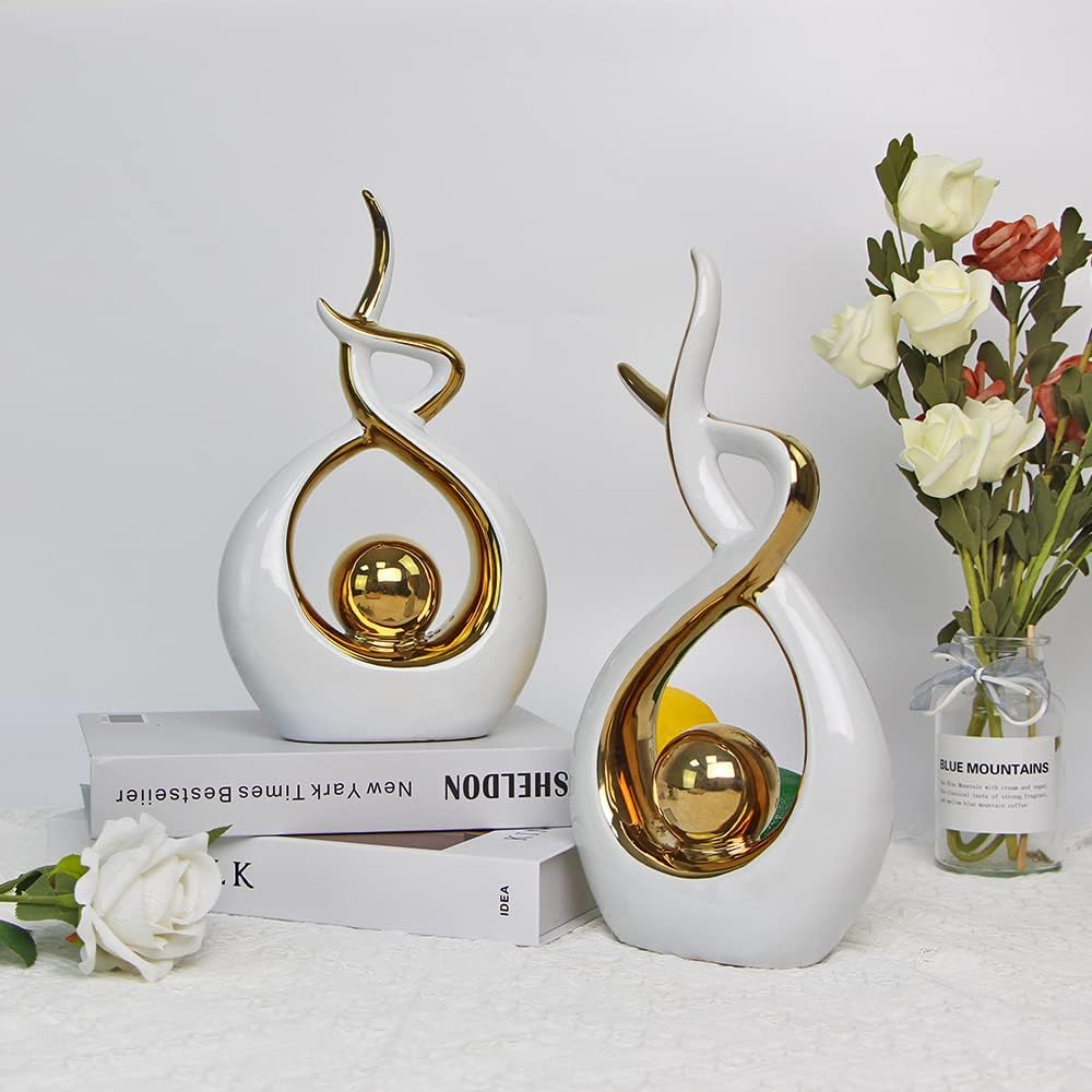 Norrclp Home Decor Modern Abstract Art Ceramic Statue Table Decorations for Dining Room Living Room Office Centerpiece (White and Gold, Small)