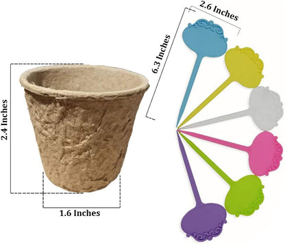 Biodegradable Peat Pots for seedlings, 100 Pack Plant Seed Starter Pots Kit, 2.36inch Succulent Planter Nursery Pots with 10 Plant Markers, Garden Germination Kits