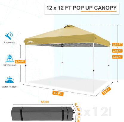 EAGLE PEAK Pop Up Canopy Tent with Wheeled Carry Bag, 8 Stakes, 4 Ropes, 4 Weight Bags, Easy Set Up Tent Canopy, 12x12 ft, 144sqft of Shade, Beige