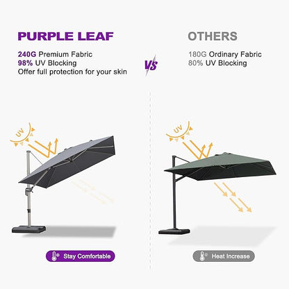 PURPLE LEAF 8' X 8' Patio Umbrella Outdoor Cantilever Umbrella, Aluminum Offset Umbrella with Champagne Frame and 360° Rotation for Pool Deck Garden, Light Grey