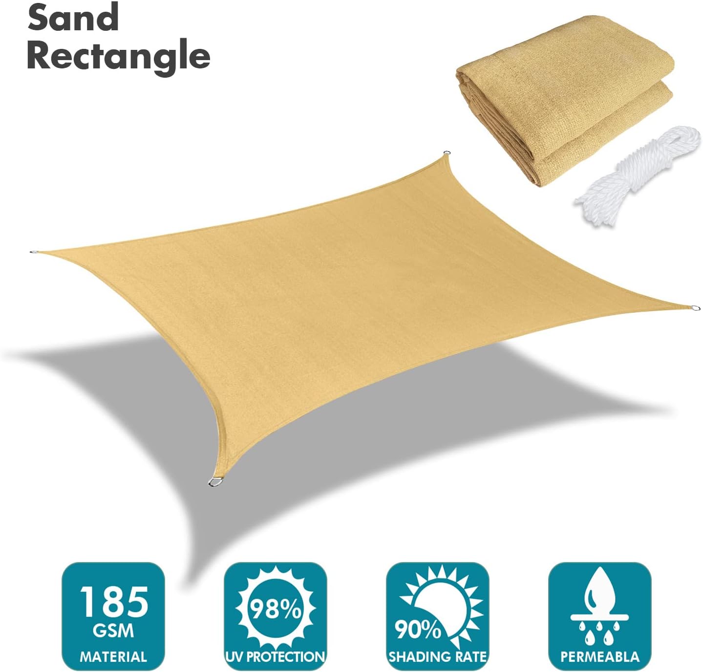 KANAGAWA 12'X16' Sand Custom Size Sun Shade Sail Rectangle UV Block Canopy Cover for Patio Backyard Lawn Garden Outdoor (Customized Available)