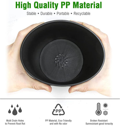 6 Inch Plant Pots Bulk, 6 Pack Plastic Planters with Drainage Holes and Saucers for Indoor Outdoor House Plants and Flowers, Black